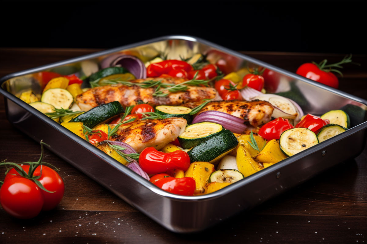 legumes rotis et aiguillettes de poulet au four basse temperature